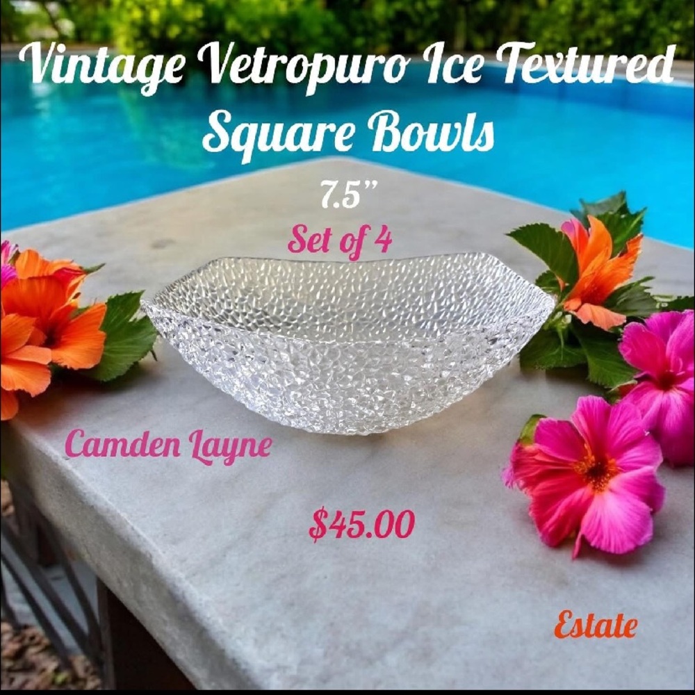 Camden Layne Vintage Ice Textured Square Glass Bowls